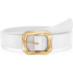 Leather Belt – Gold Square Buckle Adjustable Fashion Belt for Jeans, Dresses